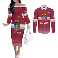 Custom Latvia Ice Hockey Champions Couples Matching Off The Shoulder Long Sleeve Dress and Long Sleeve Button Shirt Come on Latvija Red style