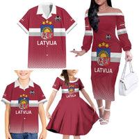 Custom Latvia Ice Hockey Champions Family Matching Off The Shoulder Long Sleeve Dress and Hawaiian Shirt Come on Latvija Red style