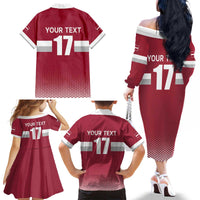 Custom Latvia Ice Hockey Champions Family Matching Off The Shoulder Long Sleeve Dress and Hawaiian Shirt Come on Latvija Red style