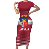 Custom Latvia Ice Hockey Champions Family Matching Short Sleeve Bodycon Dress and Hawaiian Shirt Come on Latvija Red style