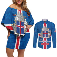 Iceland Icelandic National Day Couples Matching Off Shoulder Short Dress and Long Sleeve Button Shirt Happy 81th Anniversary