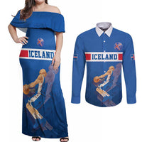 Iceland Basketball Custom Couples Matching Off Shoulder Maxi Dress and Long Sleeve Button Shirt Blue Style
