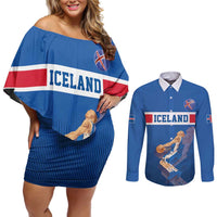 Iceland Basketball Custom Couples Matching Off Shoulder Short Dress and Long Sleeve Button Shirt Blue Style