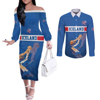 Iceland Basketball Custom Couples Matching Off The Shoulder Long Sleeve Dress and Long Sleeve Button Shirt Blue Style