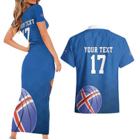 Iceland Basketball Custom Couples Matching Short Sleeve Bodycon Dress and Hawaiian Shirt Blue Style