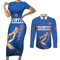 Iceland Basketball Custom Couples Matching Short Sleeve Bodycon Dress and Long Sleeve Button Shirt Blue Style
