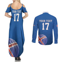 Iceland Basketball Custom Couples Matching Summer Maxi Dress and Long Sleeve Button Shirt Blue Style