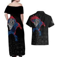Iceland Viking Culture Couples Matching Off Shoulder Maxi Dress and Hawaiian Shirt Norse Mythology Raven Tattoo