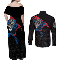 Iceland Viking Culture Couples Matching Off Shoulder Maxi Dress and Long Sleeve Button Shirt Norse Mythology Raven Tattoo