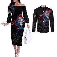 Iceland Viking Culture Couples Matching Off The Shoulder Long Sleeve Dress and Long Sleeve Button Shirt Norse Mythology Raven Tattoo