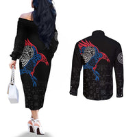 Iceland Viking Culture Couples Matching Off The Shoulder Long Sleeve Dress and Long Sleeve Button Shirt Norse Mythology Raven Tattoo