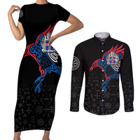 Iceland Viking Culture Couples Matching Short Sleeve Bodycon Dress and Long Sleeve Button Shirt Norse Mythology Raven Tattoo
