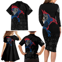 Iceland Viking Culture Family Matching Long Sleeve Bodycon Dress and Hawaiian Shirt Norse Mythology Raven Tattoo