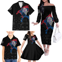 Iceland Viking Culture Family Matching Off The Shoulder Long Sleeve Dress and Hawaiian Shirt Norse Mythology Raven Tattoo