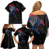 Iceland Viking Culture Family Matching Off Shoulder Short Dress and Hawaiian Shirt Norse Mythology Raven Tattoo