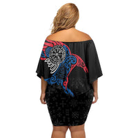 Iceland Viking Culture Family Matching Off Shoulder Short Dress and Hawaiian Shirt Norse Mythology Raven Tattoo