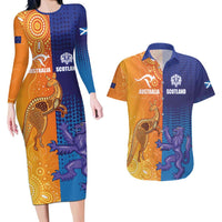 Custom Scotland and Australia Rugby Couples Matching Long Sleeve Bodycon Dress and Hawaiian Shirt Wallabies Thistle Together