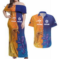 Custom Scotland and Australia Rugby Couples Matching Off Shoulder Maxi Dress and Hawaiian Shirt Wallabies Thistle Together