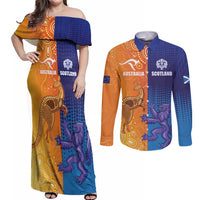 Custom Scotland and Australia Rugby Couples Matching Off Shoulder Maxi Dress and Long Sleeve Button Shirt Wallabies Thistle Together