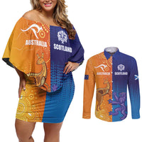 Custom Scotland and Australia Rugby Couples Matching Off Shoulder Short Dress and Long Sleeve Button Shirt Wallabies Thistle Together