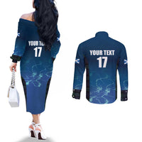 Custom Scotland Rugby Couples Matching Off The Shoulder Long Sleeve Dress and Long Sleeve Button Shirt Go Scottish Thistle
