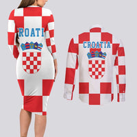 Croatia European Pine Marten and Iris Couples Matching Long Sleeve Bodycon Dress and Long Sleeve Button Shirt National Animal and Flowers