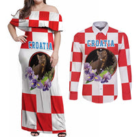 Croatia European Pine Marten and Iris Couples Matching Off Shoulder Maxi Dress and Long Sleeve Button Shirt National Animal and Flowers