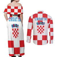 Croatia European Pine Marten and Iris Couples Matching Off Shoulder Maxi Dress and Long Sleeve Button Shirt National Animal and Flowers