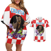 Croatia European Pine Marten and Iris Couples Matching Off Shoulder Short Dress and Hawaiian Shirt National Animal and Flowers