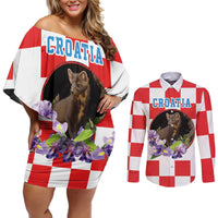 Croatia European Pine Marten and Iris Couples Matching Off Shoulder Short Dress and Long Sleeve Button Shirt National Animal and Flowers