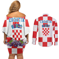 Croatia European Pine Marten and Iris Couples Matching Off Shoulder Short Dress and Long Sleeve Button Shirt National Animal and Flowers