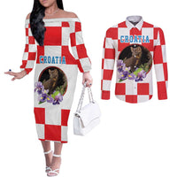 Croatia European Pine Marten and Iris Couples Matching Off The Shoulder Long Sleeve Dress and Long Sleeve Button Shirt National Animal and Flowers