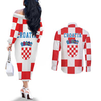 Croatia European Pine Marten and Iris Couples Matching Off The Shoulder Long Sleeve Dress and Long Sleeve Button Shirt National Animal and Flowers