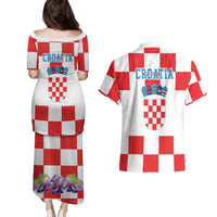 Croatia European Pine Marten and Iris Couples Matching Puletasi and Hawaiian Shirt National Animal and Flowers