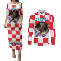 Croatia European Pine Marten and Iris Couples Matching Puletasi and Long Sleeve Button Shirt National Animal and Flowers