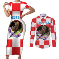 Croatia European Pine Marten and Iris Couples Matching Short Sleeve Bodycon Dress and Long Sleeve Button Shirt National Animal and Flowers