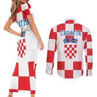 Croatia European Pine Marten and Iris Couples Matching Short Sleeve Bodycon Dress and Long Sleeve Button Shirt National Animal and Flowers