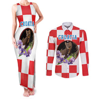 Croatia European Pine Marten and Iris Couples Matching Tank Maxi Dress and Long Sleeve Button Shirt National Animal and Flowers