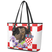 Croatia European Pine Marten and Iris Leather Tote Bag National Animal and Flowers
