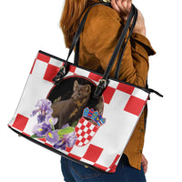 Croatia European Pine Marten and Iris Leather Tote Bag National Animal and Flowers