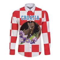 Croatia European Pine Marten and Iris Long Sleeve Button Shirt National Animal and Flowers