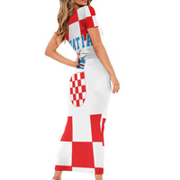 Croatia European Pine Marten and Iris Short Sleeve Bodycon Dress National Animal and Flowers LT17 - Wonder Print Shop