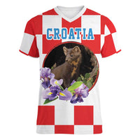 Croatia European Pine Marten and Iris Women V-Neck T-Shirt National Animal and Flowers LT17 - Wonder Print Shop