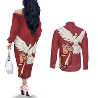 Latvia Restoration of Independence Day Couples Matching Off The Shoulder Long Sleeve Dress and Long Sleeve Button Shirt Latvija 4th May with Dove