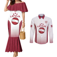 Latvia Basketball Custom Couples Matching Mermaid Dress and Long Sleeve Button Shirt White Latvian Pattern