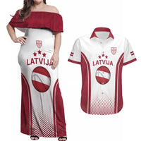 Latvia Basketball Custom Couples Matching Off Shoulder Maxi Dress and Hawaiian Shirt White Latvian Pattern