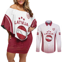 Latvia Basketball Custom Couples Matching Off Shoulder Short Dress and Long Sleeve Button Shirt White Latvian Pattern