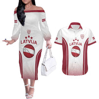 Latvia Basketball Custom Couples Matching Off The Shoulder Long Sleeve Dress and Hawaiian Shirt White Latvian Pattern