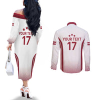 Latvia Basketball Custom Couples Matching Off The Shoulder Long Sleeve Dress and Long Sleeve Button Shirt White Latvian Pattern