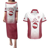 Latvia Basketball Custom Couples Matching Puletasi and Hawaiian Shirt White Latvian Pattern